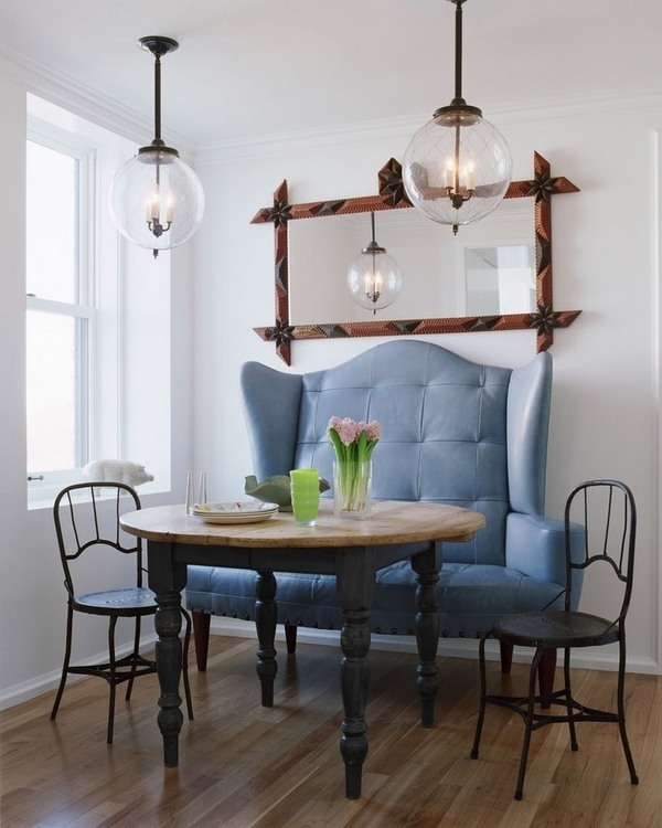breakfast nook ideas tufted sofa blue upholstery wooden dining furniture