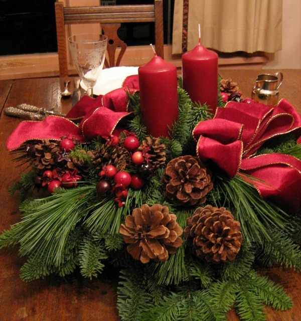  decoration table centerpieces fresh decoration cones evergreen branches red candles