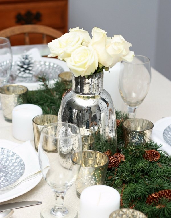 christmas-table-decor-ideas-christmas-centerpieces-fir-branches-silver-vase-white-roses