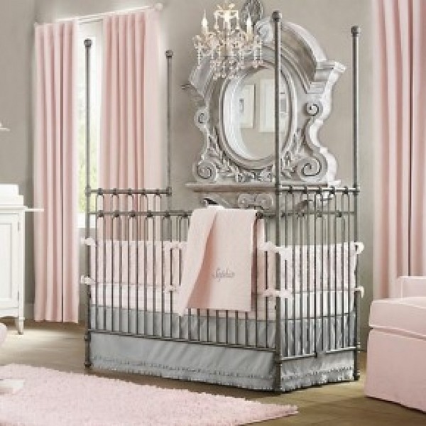 classic-baby-crib-vintage-round-mirror-pink-curtain-nursery-room-furniture-ideas