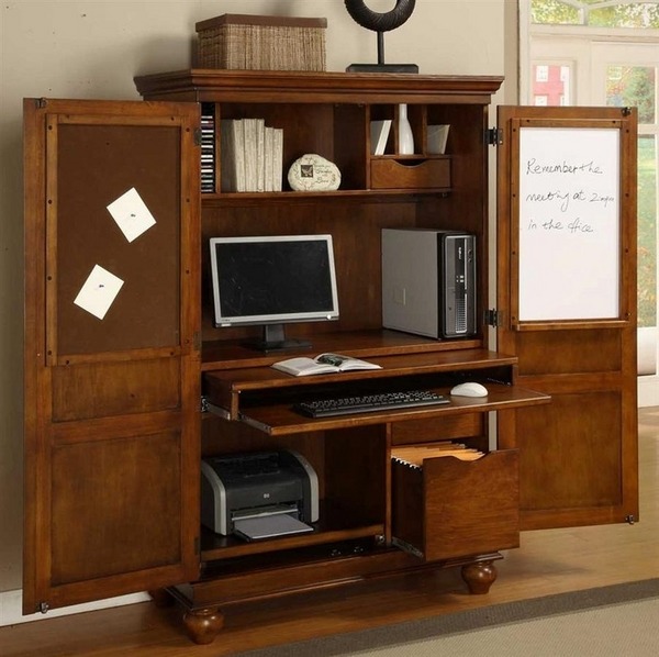 computer armoire monitor desk shelves file drawers message board