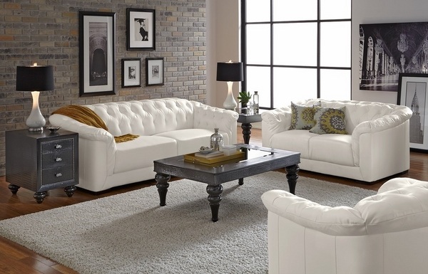 contemporary living room white leather sofa set armchair side cabinet