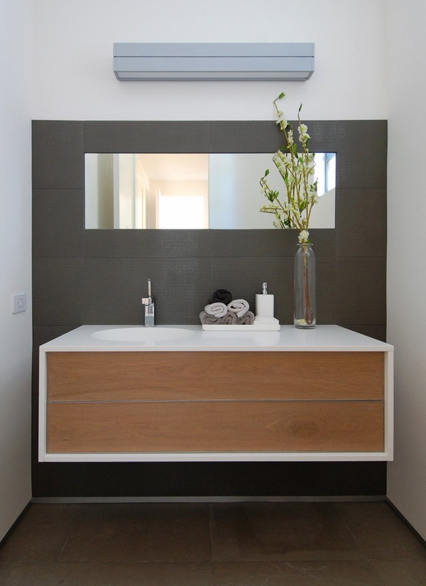 integrated sink wood vanity front modern bathroom