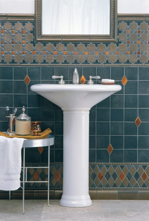creative bathroom design ideas pedestal sink wall mirror decorative tiles