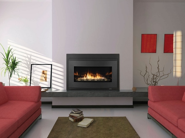 gas fireplace insert contemporary living room red sofas