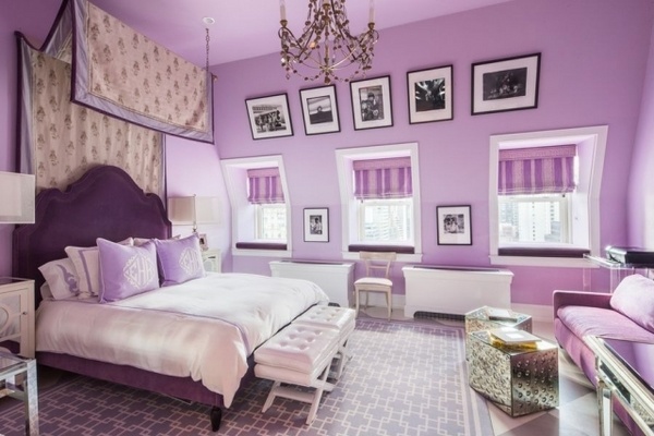 girl bedroom design purple upholstered headboard canopy curtain