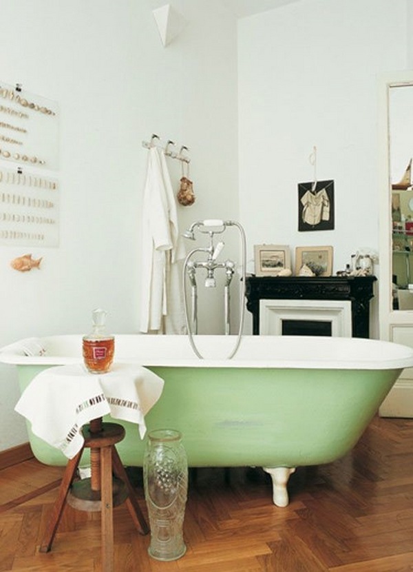 green tub wood flooring bathroom design ideas