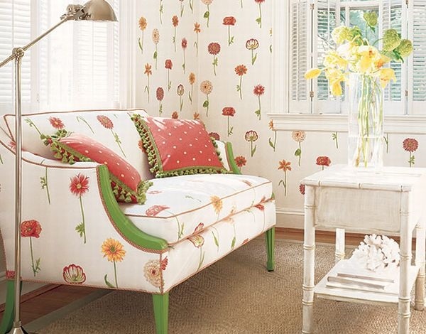 green white red loveseat floral upholstery white table