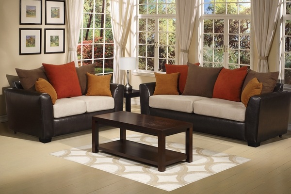 leather sofa set colorful decorative pillows wooden coffee table