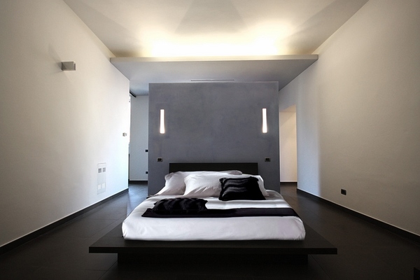 minimalist bedroom design black platform bed frame gray wall