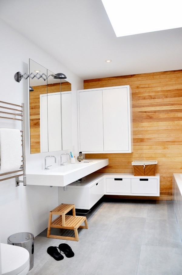 modern bathroom design wood wall white cabinets white countertop