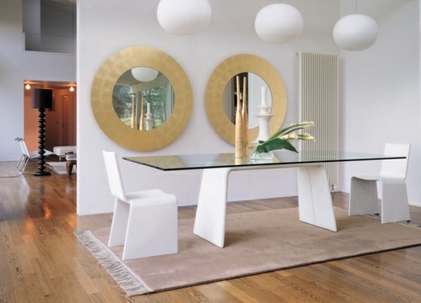 glass table white chairs round wall mirrors