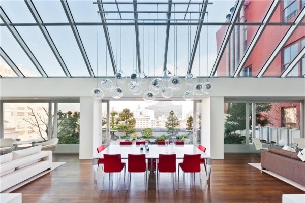 modern white table red chairs pendant lamps