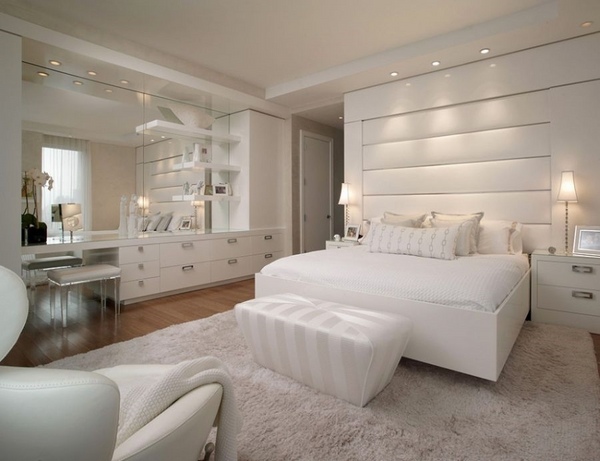 modern white bedroom design bedding recessed lighting