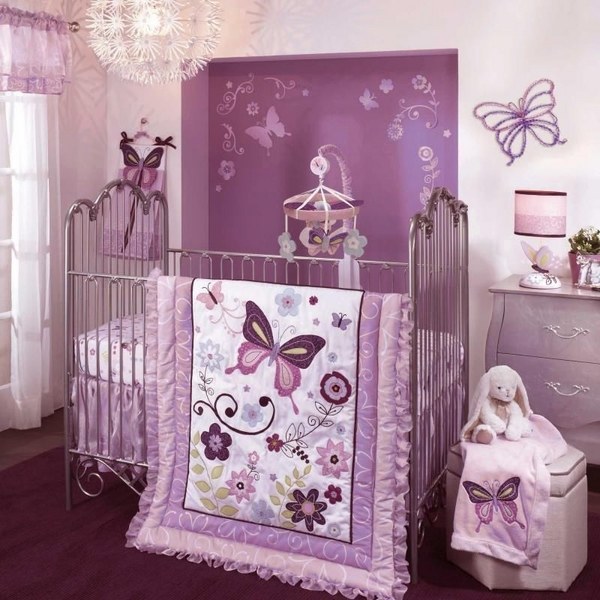 nursery-room-decorations-baby-cribs-ideas-butterfly-bedding-set-snowflake-chandelier