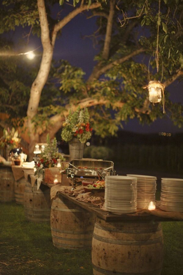 outdoor buffet  decorating ideas barrel candles