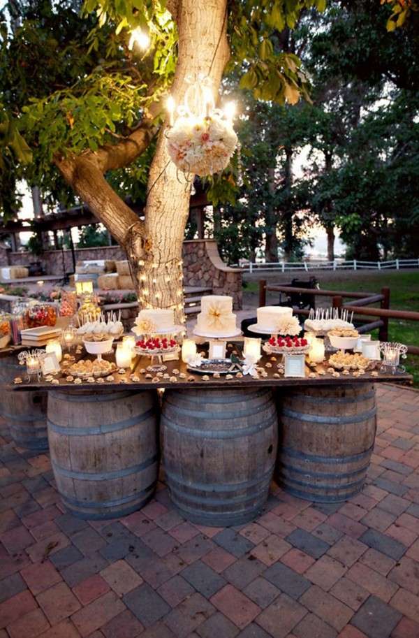 outdoor buffet ideas barrels rustic style decoration