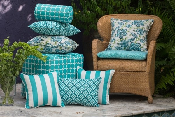 outdoor pillows rattan armchair turquoise different pattern
