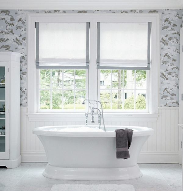 modern freestanding bathtub wallpaper Roman blinds bathroom design