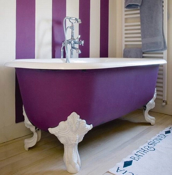 purple tub white purple wall stripes bathroom decor