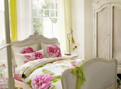 shabby-easy-above-eye-bedroom-design-with-floral-bedding-in-addition-to-double-layer-curtain-in-addition-to-zigzag-wooden-floor