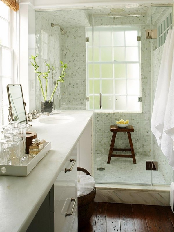 small bathroom design ideas walk in frameless doors green mosaic tiles
