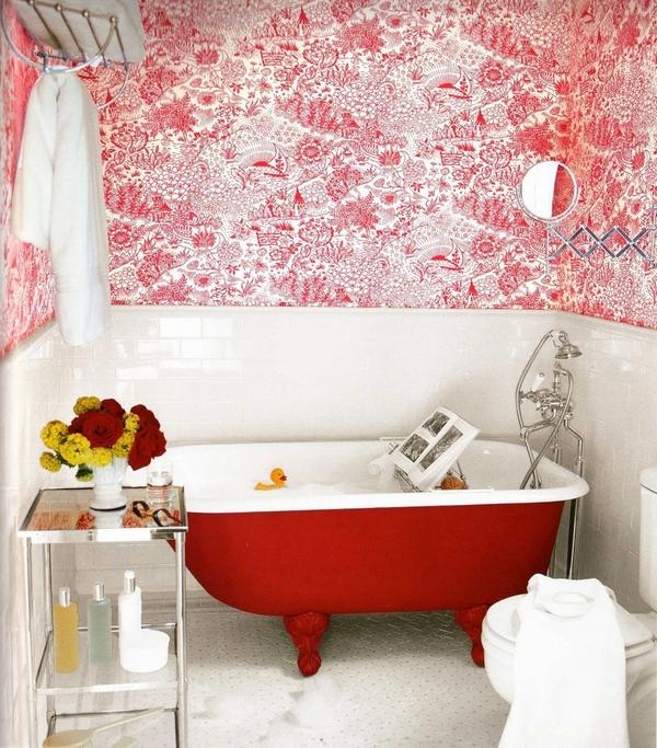 small bathroom ideas red white claw foot tub red wallpaper