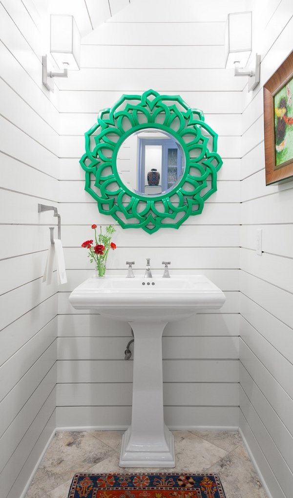 small white bathroom ceramic pedestal sink wall mirror green frame