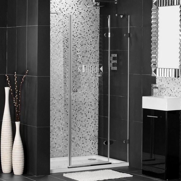 trendy bathroom design frameless doors black white bathroom