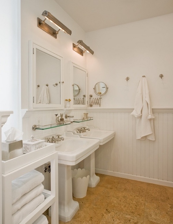 white bathroom cork flooring pedestal sinks mirror cabinets