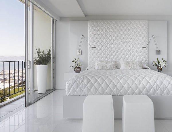 white bedroom design upholstered headboard diamond pattern