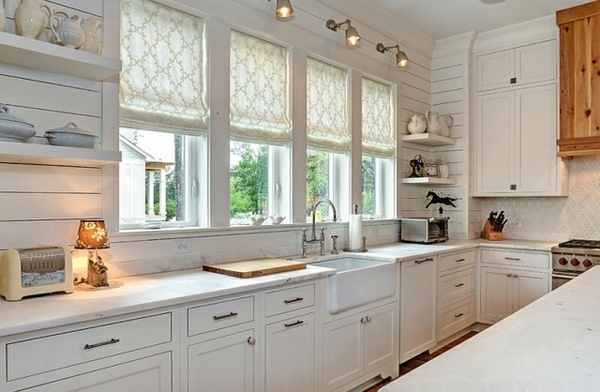 white kitchen wood cabinets Roman blinds window treatment ideas