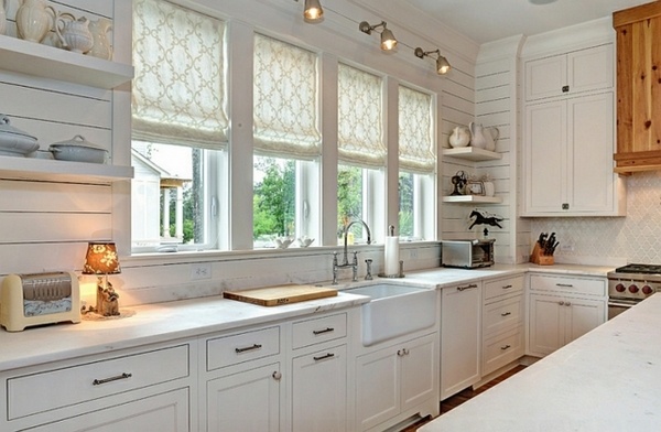 white-kitchen-wood-cabinets-Roman-blinds-window-treatment-ideas