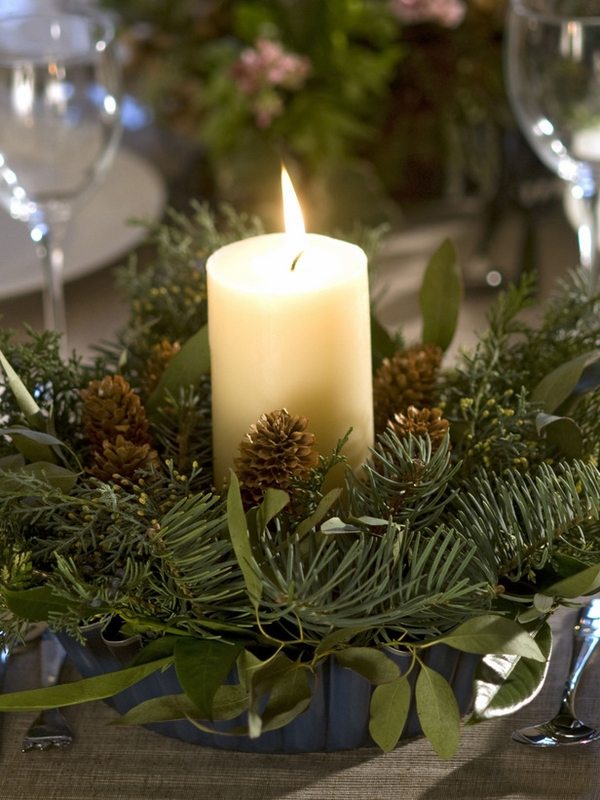 wonderful table decorations centerpieces green pines cones white candle