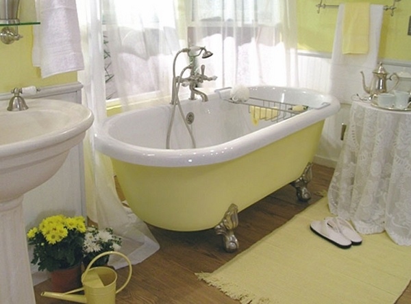yellow white bathroom interior design clawfoot tub pedestal sink