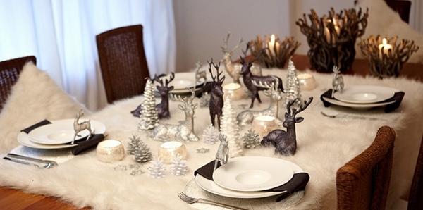 Holiday table decoration decor white brown deer cones candle holders