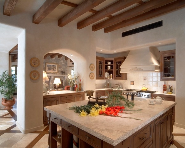 mediterranean-kitchen-design-travertine-countertops-wooden-beams