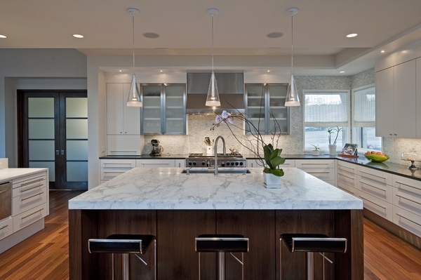 Modern Kitchen White Cabinets Kitchen Island Travertine Countertop 