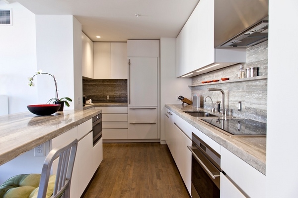 modern kitchen white kitchen cabinets-travertine-countertops