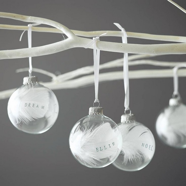 personalised-christmas-baubles-ideas white feathers ribbons