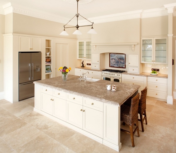 travertine-countertops-white-kitchen-cabinets-contemporary-kitchen-design