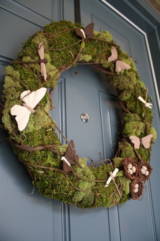 Door decoration ideas moss wreath spring butterfly