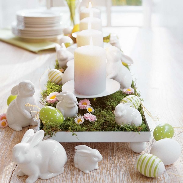 Easter bunnies table decoration Easter centerpiece candles eggs
