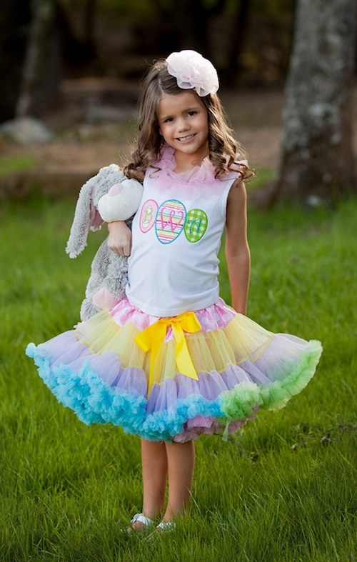 Girls Easter dresses rainbow colored skirt white top