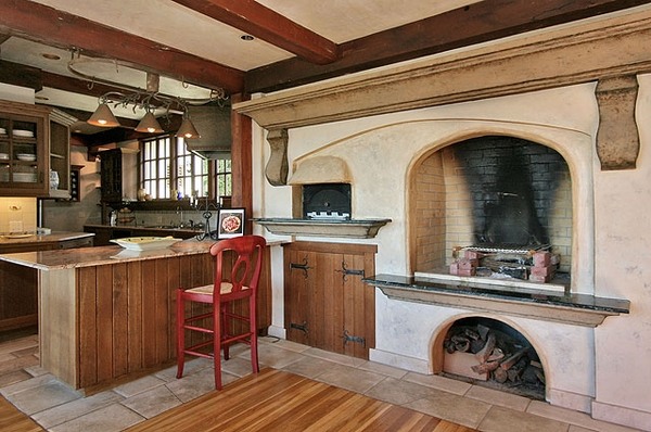 Indoor wood burning pizza stove kitchen design 
