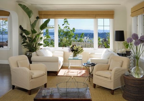 Mediterranean living room interior bamboo window blinds 