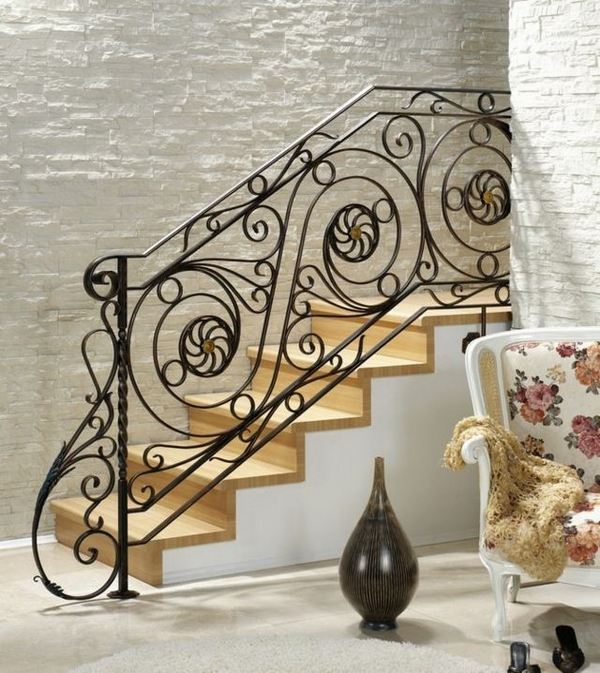 Stair railing floral motif wrought iron design handrail