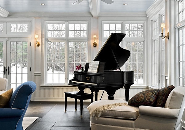 Sunroom design ideas music room grand piano armchairs