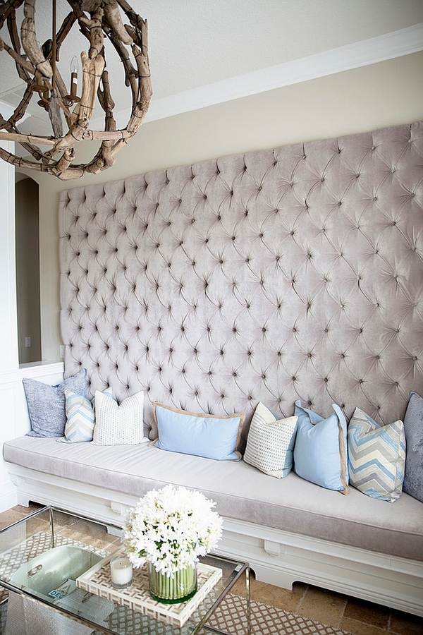 Tufted wall panels living room bench pillows
