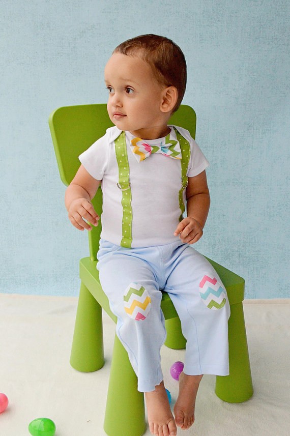baby outfit idea bow tie suspenders eggs